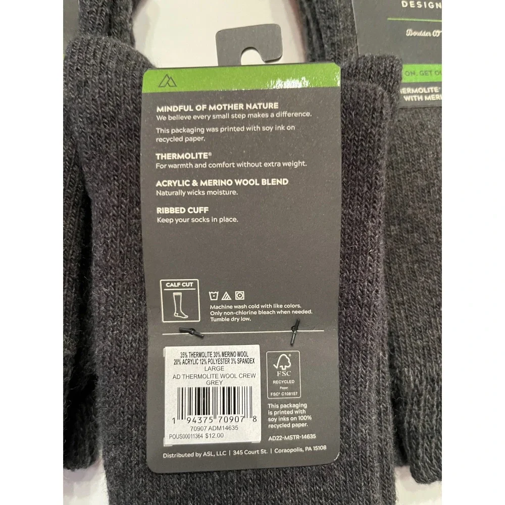 Alpine Design 3 Pair‎ Thermolite Boot Socks with Merino Wool Gray Size Large